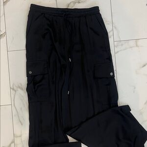 Black Satin Cargo wide leg Pants